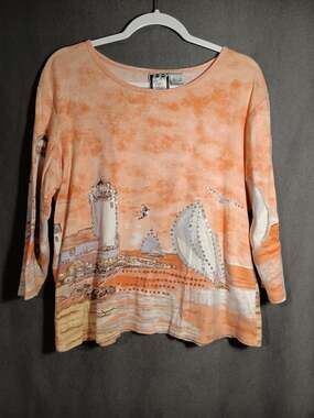 Take Two Lighthouse Nautical Graphic Top Women’s Large Orange 3/4 Sleeve